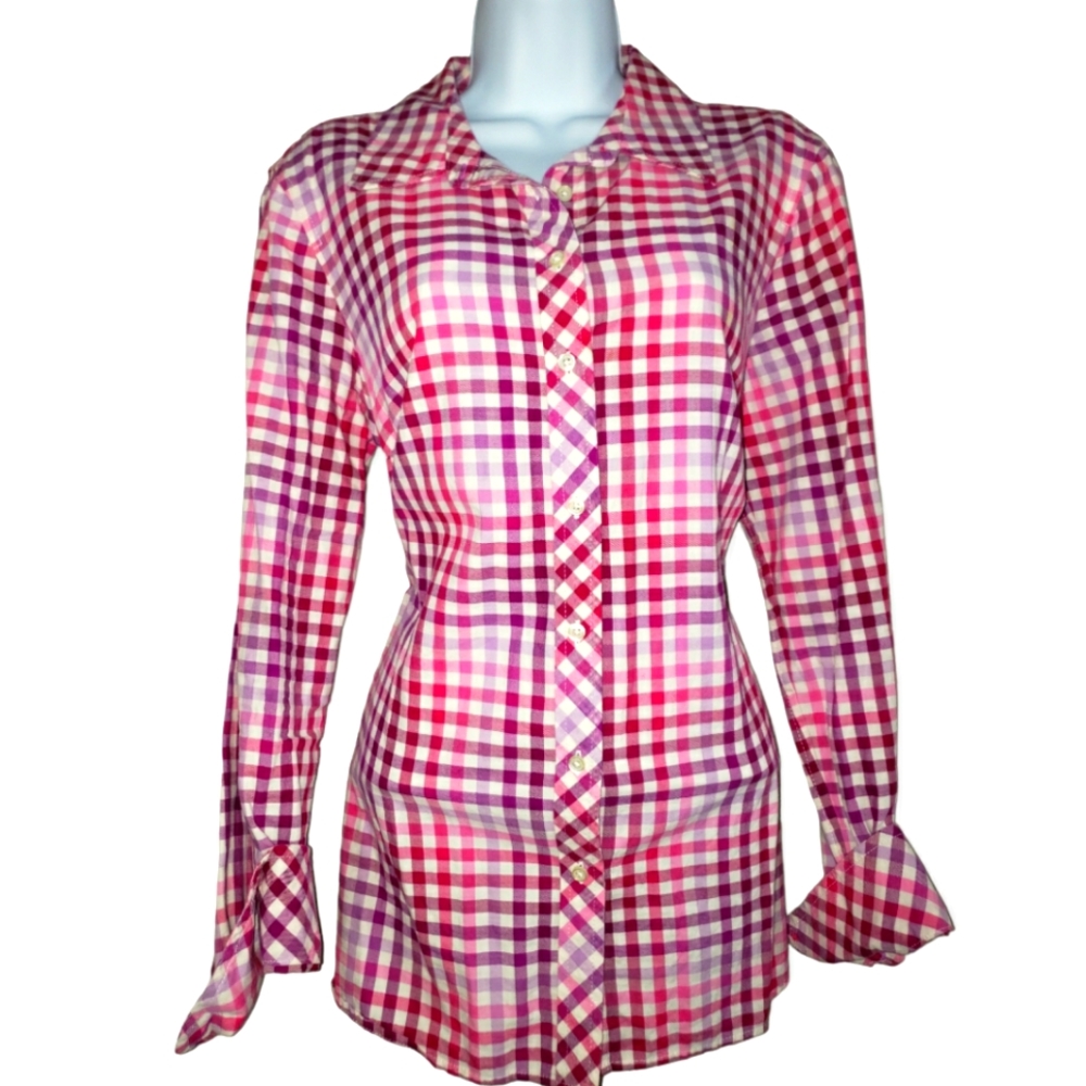 NWOT Talbots pink & purple gingham check button down blouse top Womens Medium
